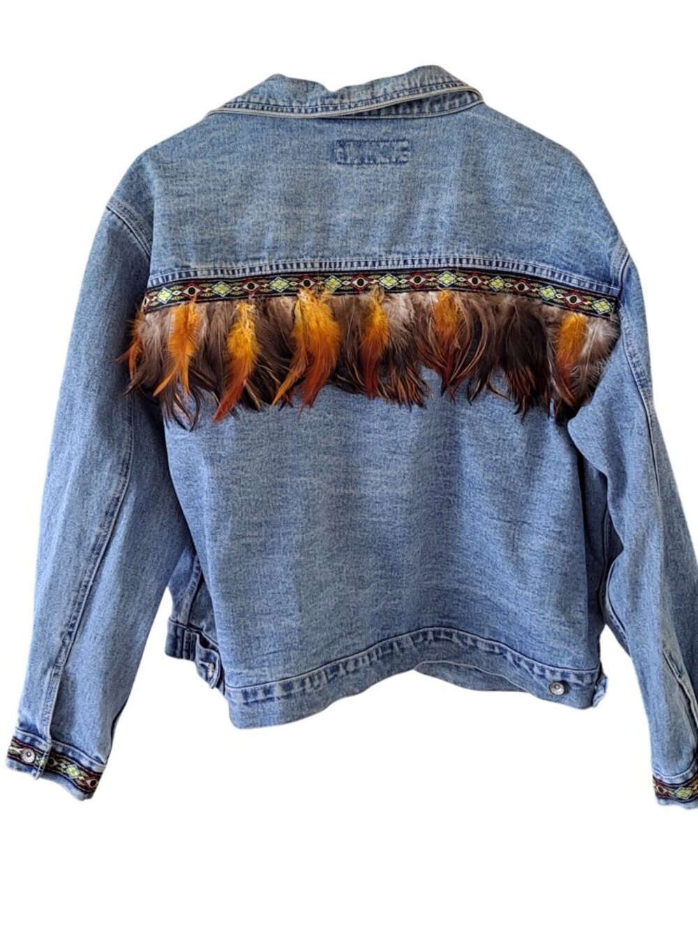 Vtg Aztec Southwestern Womens 3XL Feather Trim Denim Jacket Embroidery Hong Kong